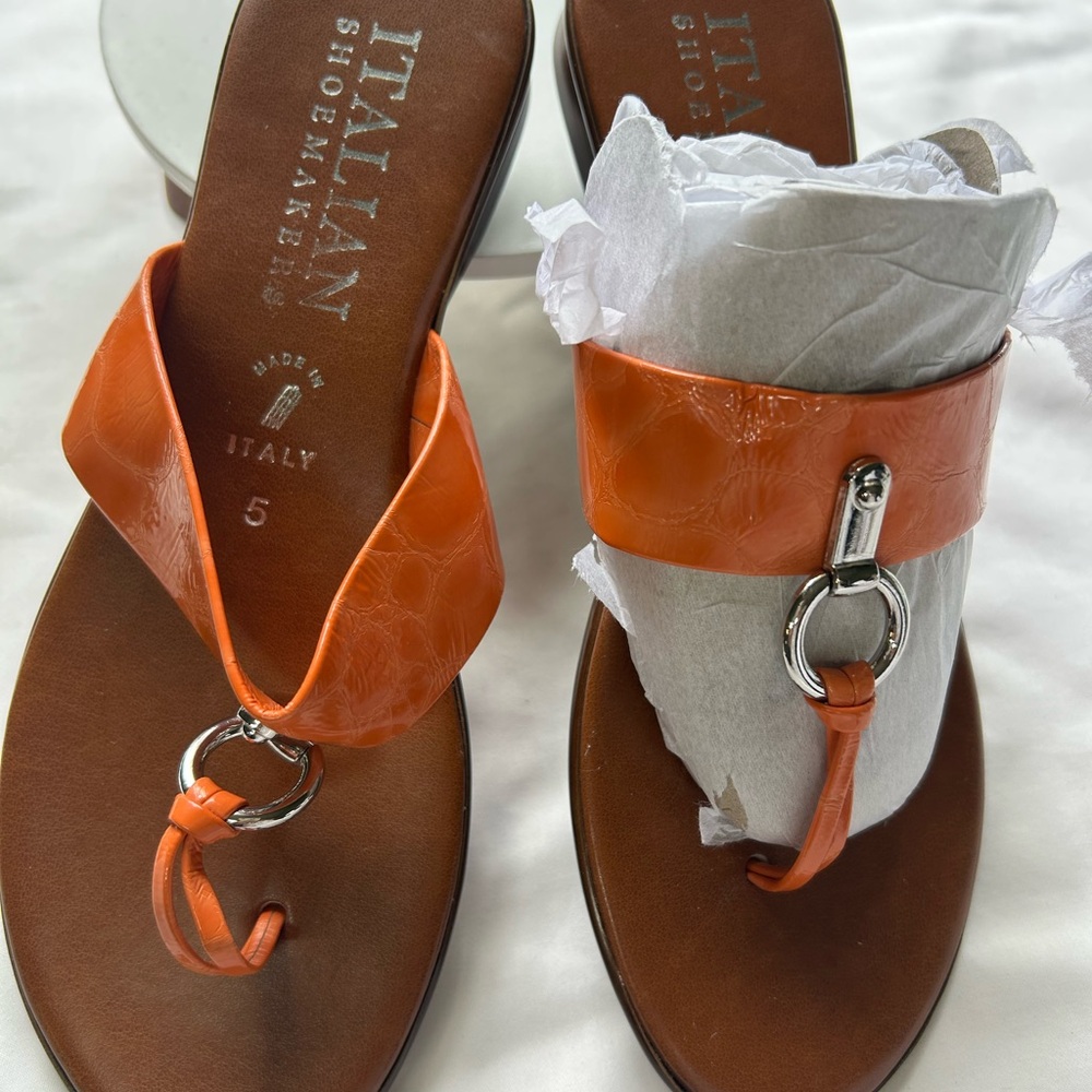 🔥🔥Italian Shoemakers Orange Leather Ring-Accent Toe-Ring Sandals